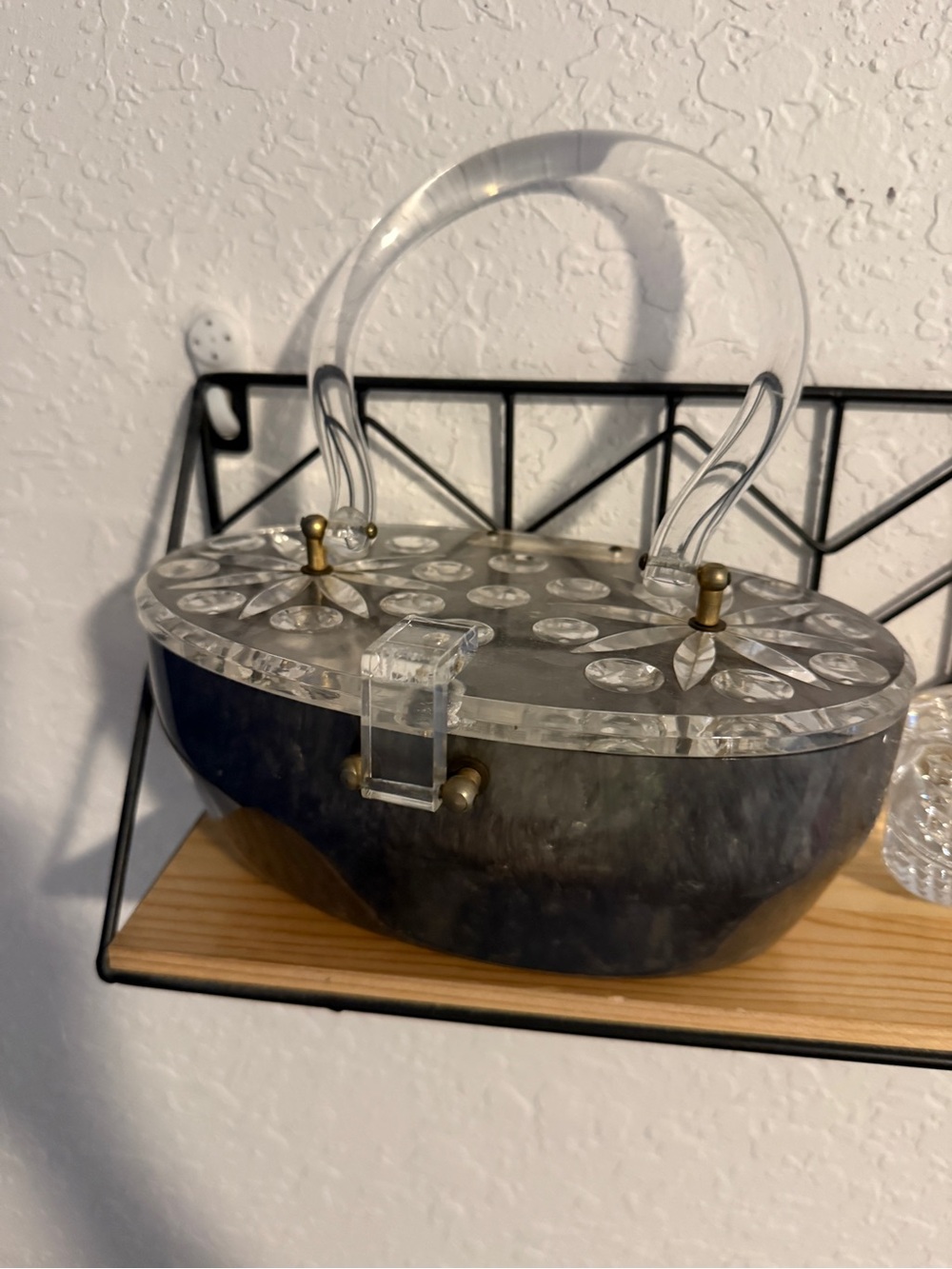 Clear Lucite Handle Black Marble Acrylic Handbag